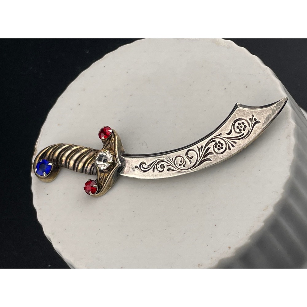 Vintage Sterling Silver Sword Brooch Curved Dagger Scimitar Rhinestone Hilt Pin - Picture 6 of 11